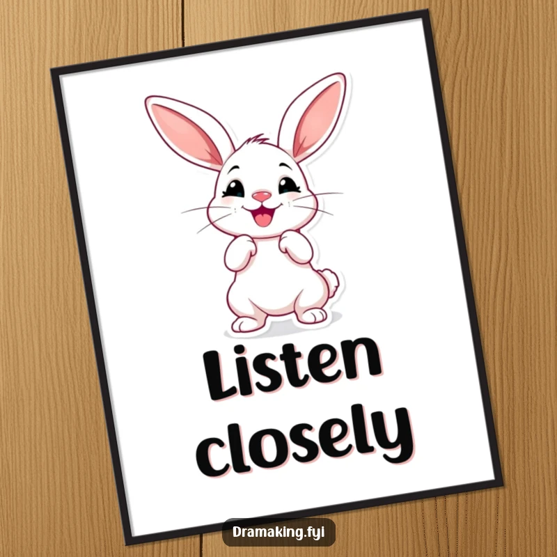 Funny dramatic rabbit poster, cheerful with oversized ears, striking a theatrical pose, humorous wall art.