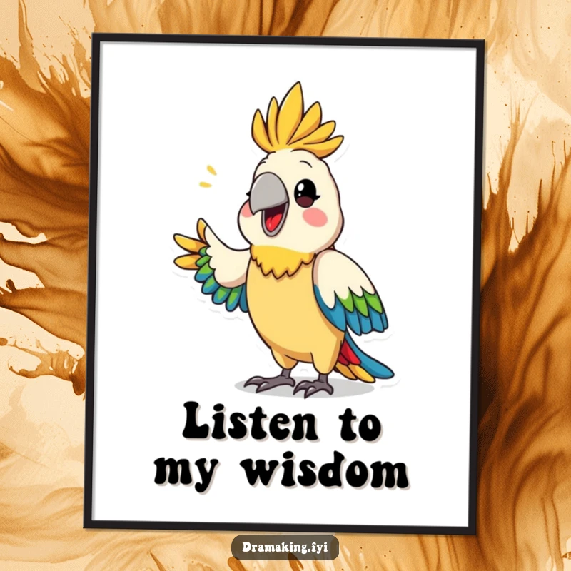 Funny parrot announcement poster showcasing a proud, colorful parrot dramatically declaring something, ideal for themed wall art.