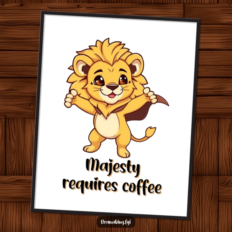 Funny Lion Cub Poster: A proud lion cub strikes a dramatic pose, cape flowing majestically, embodying heroism for a funny wall art.