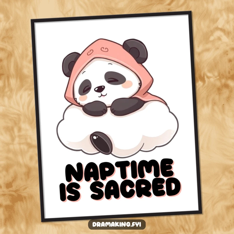Funny poster capturing a panda in a tiny cape napping contentedly on a fluffy cloud, evoking sweet dreams and relaxation.