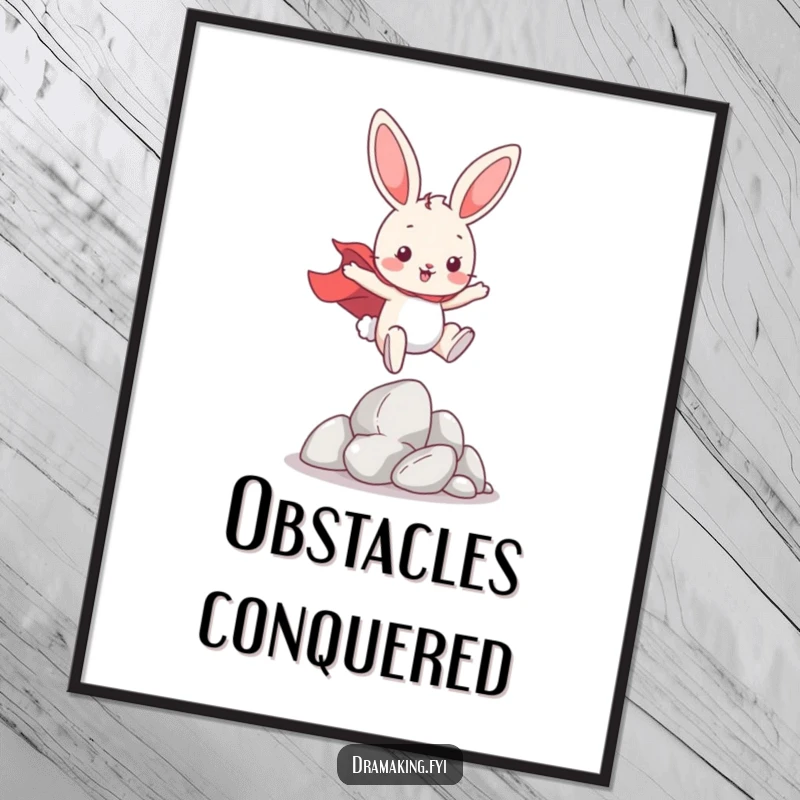 Funny Hero Bunny Poster, illustrating a playful bunny wearing a cape, leaping over imaginary obstacles, motivational wall art.