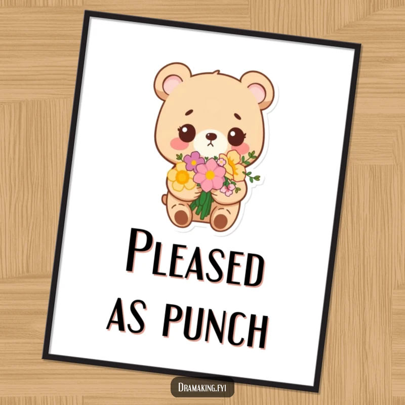 Funny poster of a small bear holding a flower bouquet, looking extremely pleased with itself, radiating smug joy and charm.