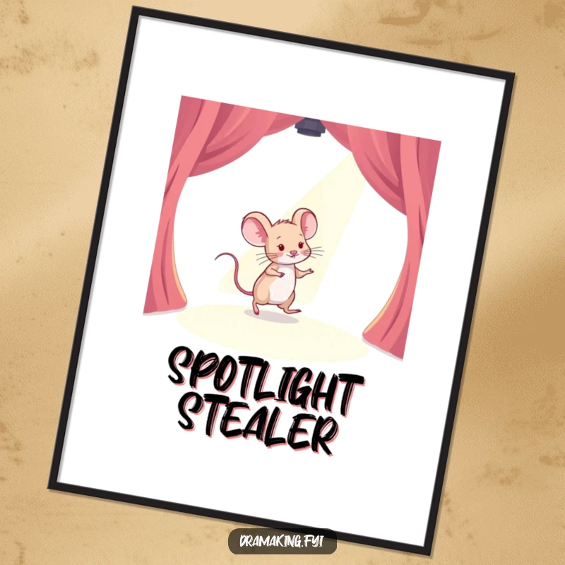 Funny poster art of a timid mouse tiptoeing across a stage with a spotlight shining, perfect for humorous and inspirational wall decor.