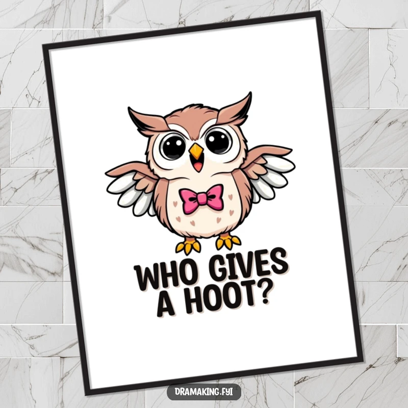 Funny poster art of a triumphant owl wearing a bowtie, hooting loudly with wings outstretched, exuding elegant wisdom.