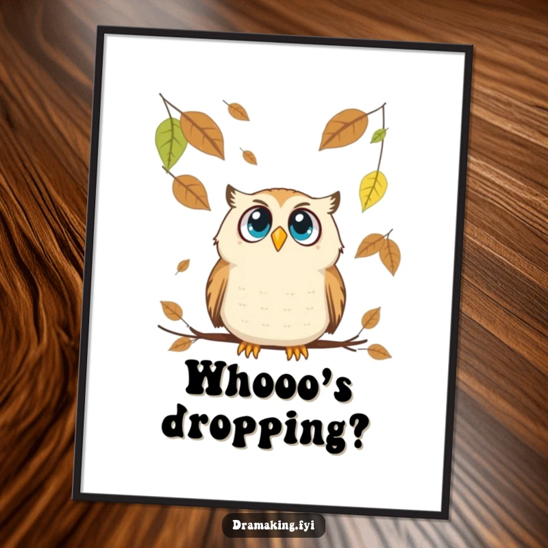 Funny Owl Poster: A wide-eyed owl looks up in funny shock at a cascade of oversized, falling autumn leaves.