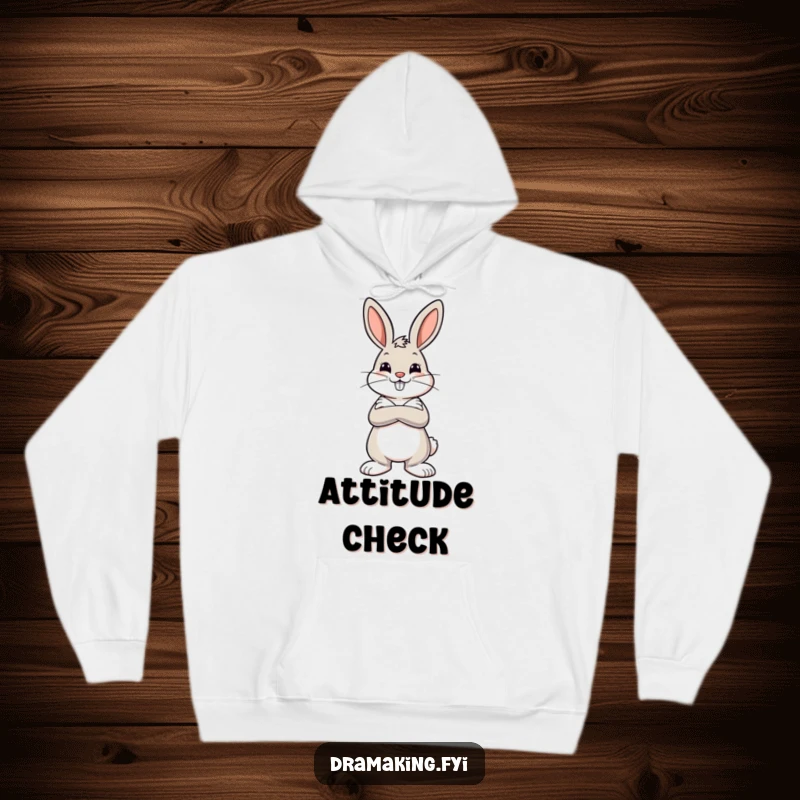 Funny hoodie print of a cheerful bunny with crossed arms striking a dramatic pose, showcasing bold confidence and flair.