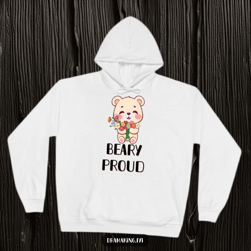Funny Smug Bear Hoodie, depicting a small bear with a bouquet of flowers, looking overly pleased with itself, offering cozy pride.