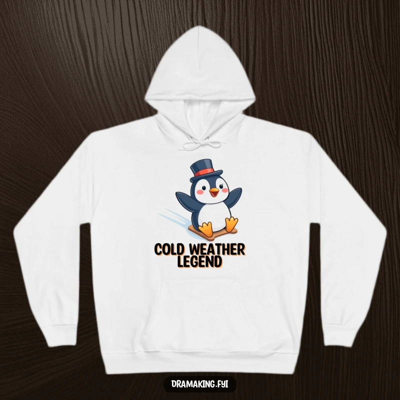 Funny hoodie depicting a penguin sporting a top hat, having a blast sliding down an icy slope, perfect for cozy humor.