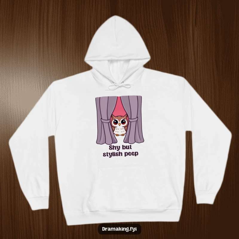 Funny owl character peeking from behind a dramatic curtain, looking surprised, cozy hoodie design, theatrical humor.