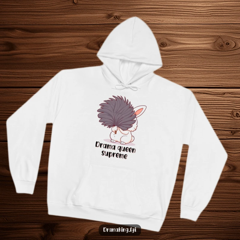 Funny hoodie showcasing a fluffy bunny dramatically fanning itself with a large feather, perfect for anyone feeling the heat with style.