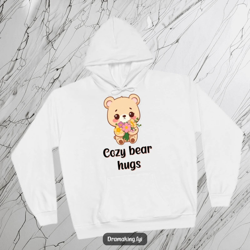 Funny hoodie featuring a small bear with flowers, looking overly pleased with itself, conveying cozy smugness and charm.