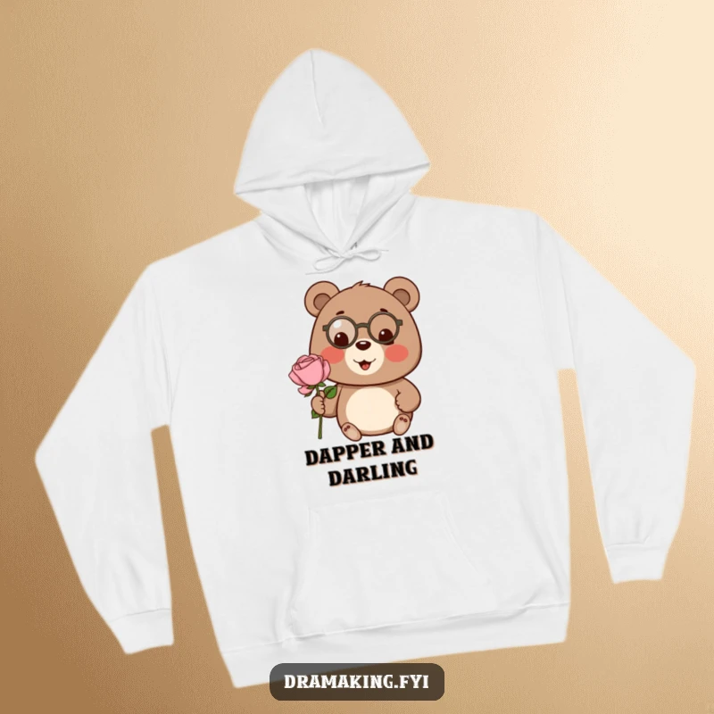 Funny bear hoodie, wearing a tiny monocle, proudly presenting a large rose, warm and sophisticated.