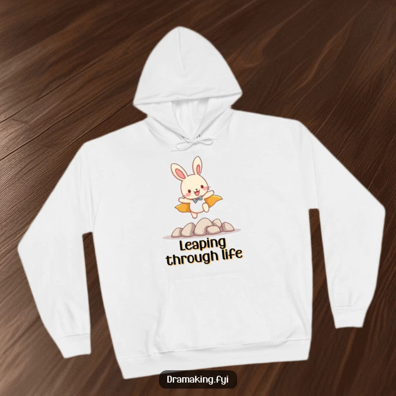 Funny hoodie featuring a playful bunny with a cape, leaping over small obstacles, conveying cozy heroism and fun.