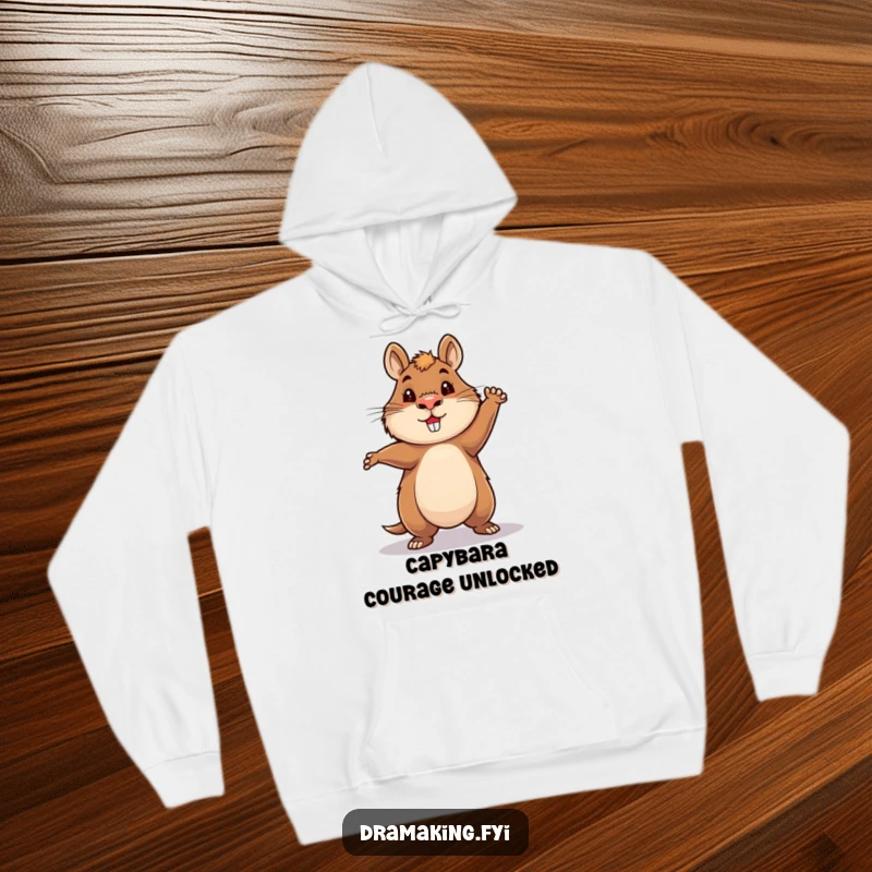 Funny Capybara Hero Hoodie showing a capybara striking an exaggerated, heroic pose under a spotlight, embodying funny, bold energy.