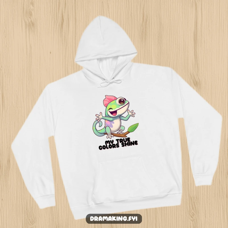 Funny Chameleon Hoodie: A cheerful chameleon joyfully changing colors, striking a dramatic pose, offering warmth and humorous vibrancy.