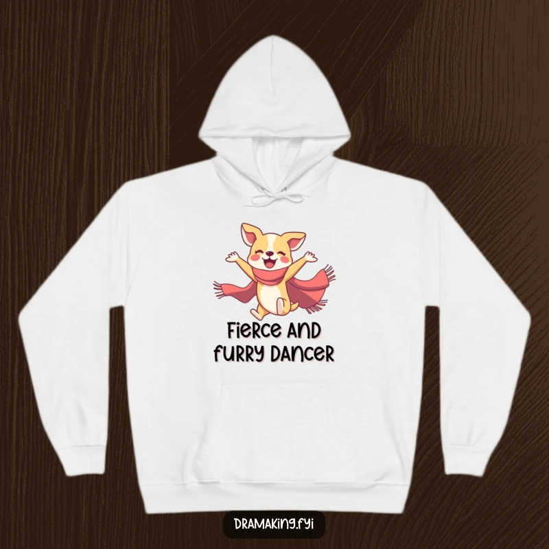 Funny dog ballet hoodie showcasing a joyful dog sporting a flamboyant scarf while executing a graceful mid-air ballet pose.