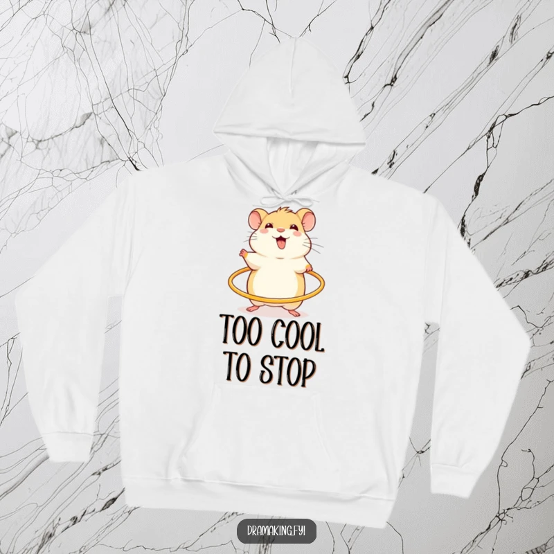 Funny hoodie with a cheerful hamster, excited and spinning a miniature hula hoop, for cozy, energetic wear.