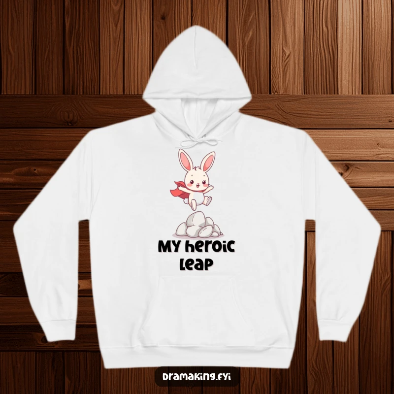 Funny Hero Bunny Hoodie, depicting a playful bunny wearing a cape, leaping over imaginary obstacles, offering cozy adventurous spirit.