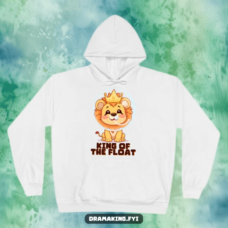 Funny lion cub hoodie featuring a cheerful character blowing a soap bubble with a crown reflection, symbolizing joy and comfort.