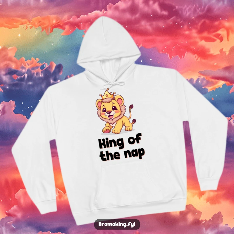 Funny hoodie featuring a lion cub in a crown playfully pouncing, ideal for cozy days and expressing a fierce yet cute personality.