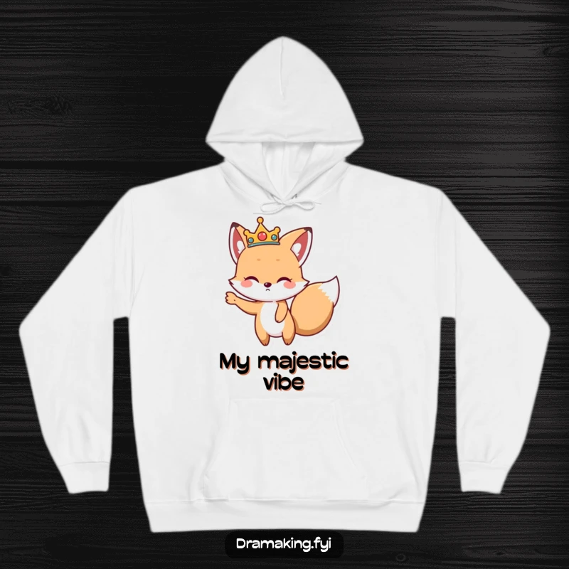 Funny Majestic Fox Hoodie, depicting a cute fox wearing a crown, striking a dramatic pose, offering cozy royalty.