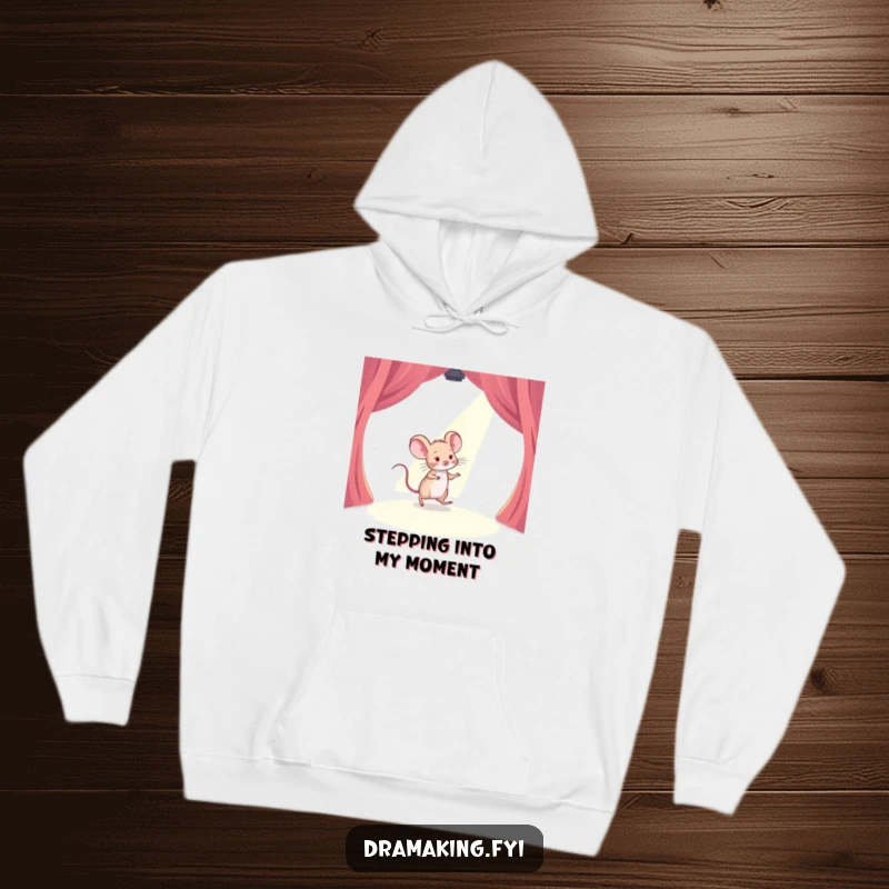 Funny hoodie featuring a timid mouse tiptoeing across a stage with a spotlight shining, perfect for cozying up with a touch of humor.