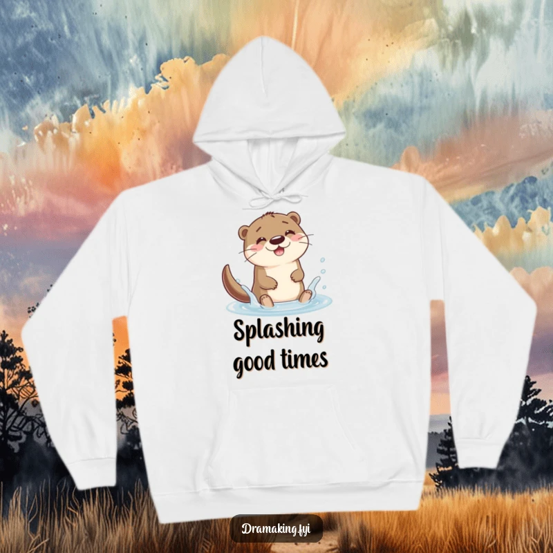 Funny otter character splashing joyfully in a puddle on a hoodie, offering cozy happiness and playful vibes.