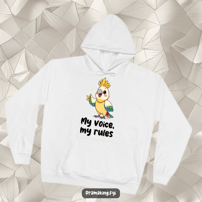 Funny parrot announcement hoodie showing a proud, colorful parrot dramatically declaring something, cozy and warm for wear.