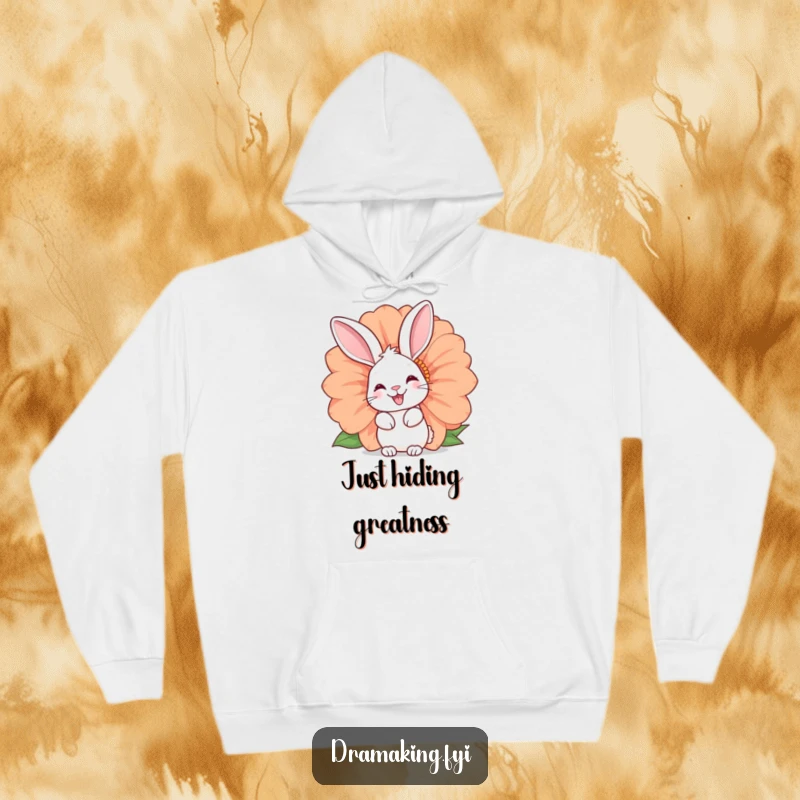 Funny rabbit hoodie featuring a happy bunny peeking from behind a giant flower. Comfortable and humorous apparel, great for gifting.