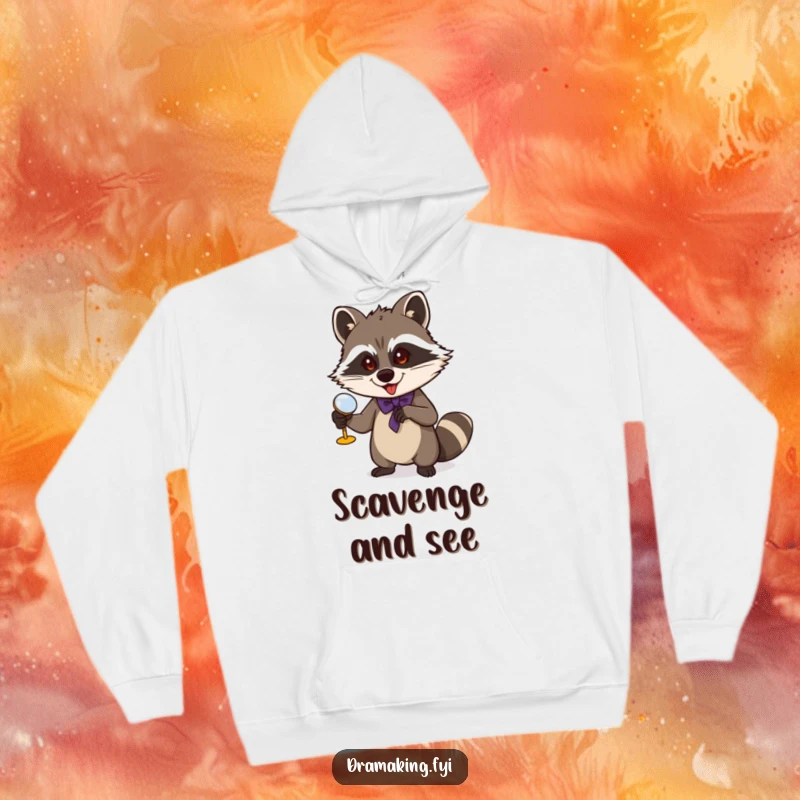 Funny Raccoon Hoodie: A mischievous raccoon gestures grandly with opera glasses, offering cozy, dramatic flair for fans.