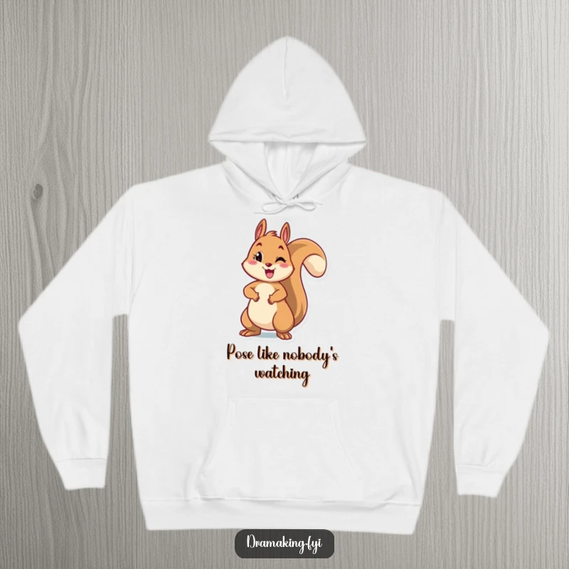 Funny hoodie featuring a cheerful squirrel striking a dramatic pose with arms outstretched, perfect for showcasing personality and warmth.