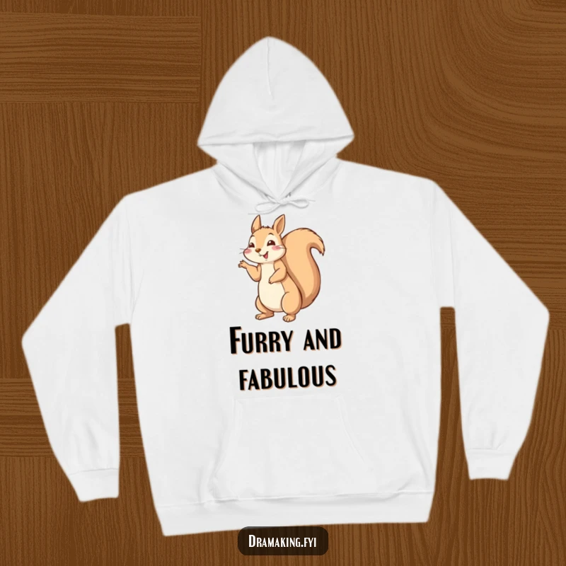 Funny happy squirrel hoodie striking a dramatic pose with tail fluffed high, comfortable and humorous apparel.