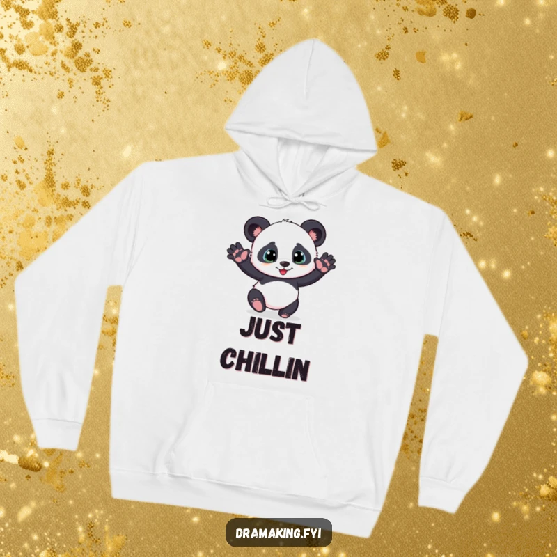 Funny playful panda cub hoodie, striking a dramatic pose with outstretched paws, comfortable and humorous apparel.