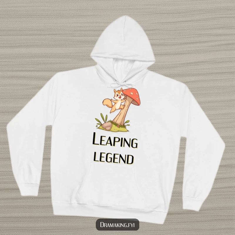 Funny Hoodie featuring an energetic squirrel character performing an exciting leap from a tall mushroom, perfect for cozy, humorous wear.