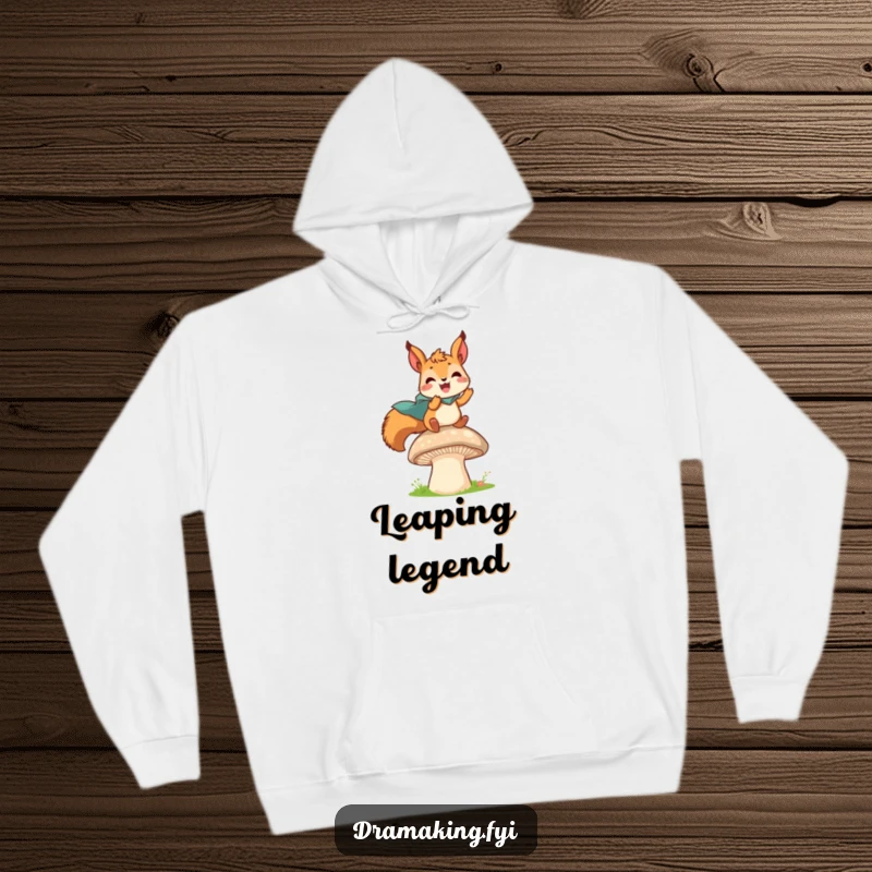 Funny hoodie print of a delighted squirrel with a tiny cape launching from a mushroom, exuding bravery and boundless energy.