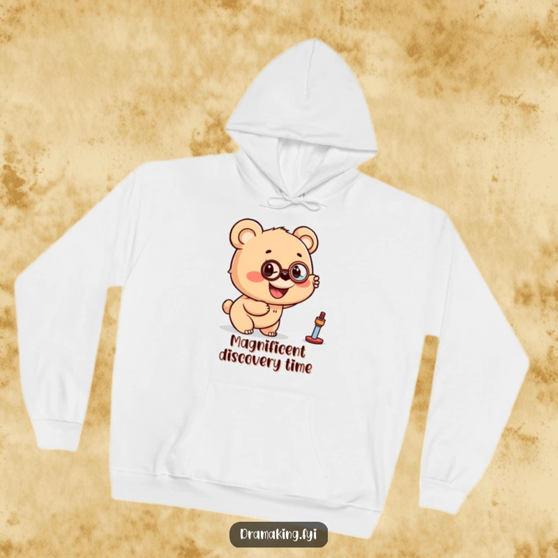 Funny hoodie featuring a bear cub with a monocle pointing excitedly at a distant object, offering cozy exploration.