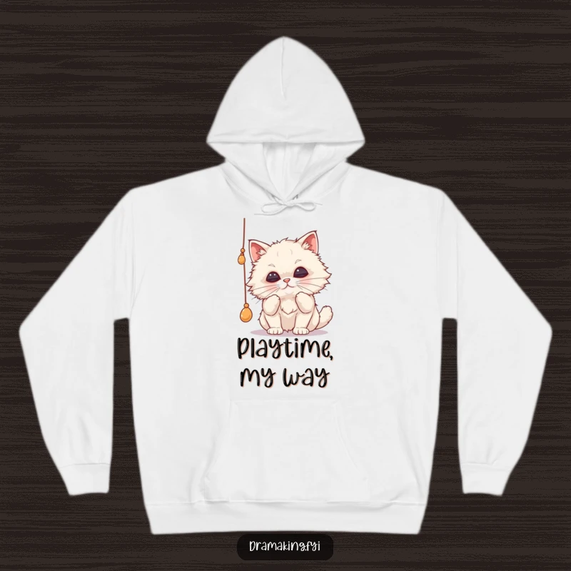 Funny cat hoodie featuring an adorable fluffy cat batting a string with exaggerated pursed lips, embodying dramatic focus and playful energy.