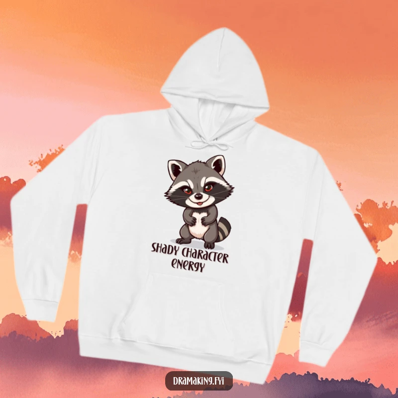 Funny raccoon hoodie featuring a playful character in a dramatic pose with a sly smile, offering warmth and humor for the wearer.