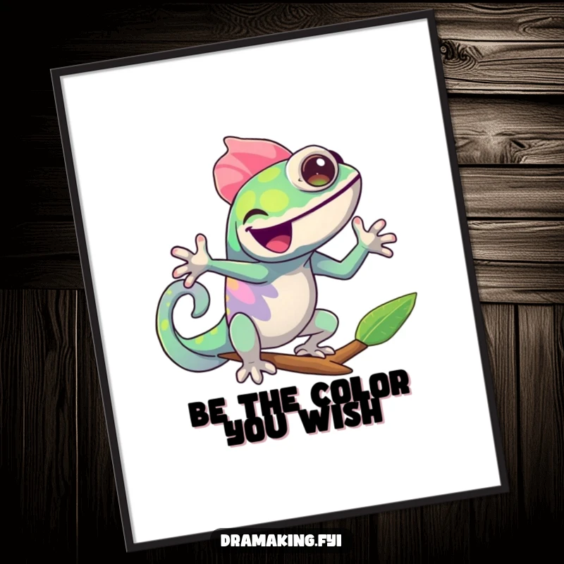 Funny Free Printable Wall Art: A cheerful Chameleon striking a dramatic pose, joyfully changing colors. Dynamic downloadable decor.