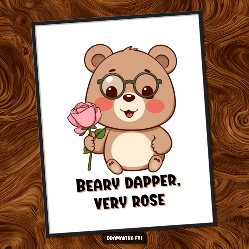 Funny Free Printable Bear Wall Art: Cheerful bear character wearing a tiny monocle, proudly presenting a single, oversized rose.