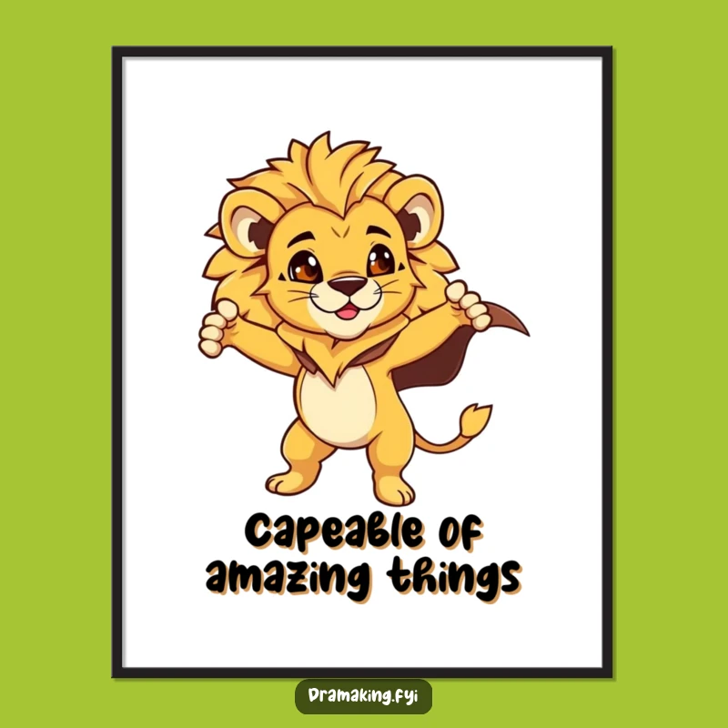 Free Printable Wall Art: Proud Lion Cub Hero, Dramatic Pose, Funny Downloadable Art