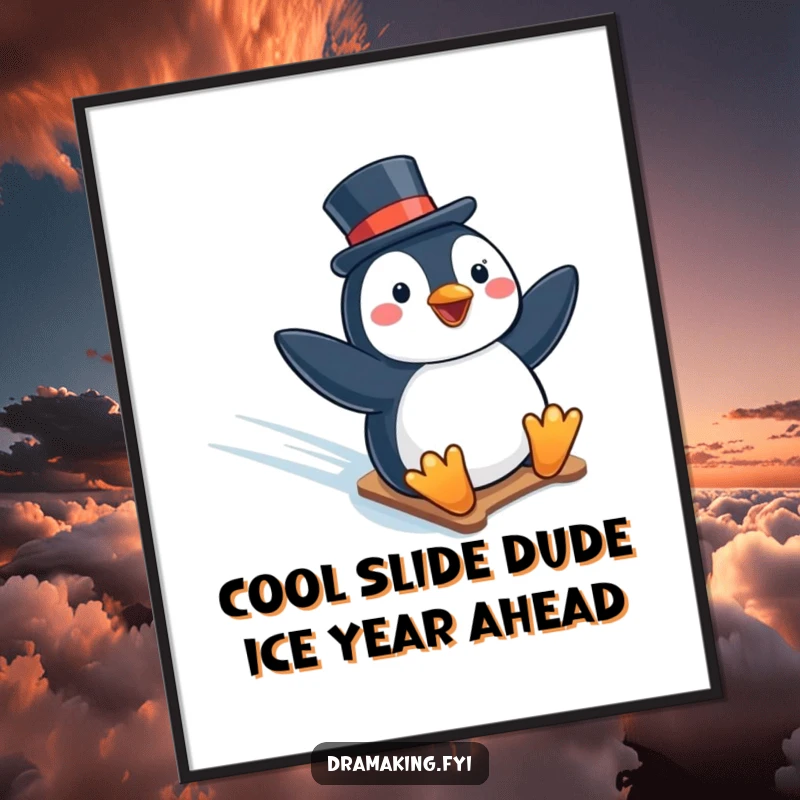 Funny Free Printable Wall Art: A delighted penguin in a top hat gleefully slides down an icy slope.