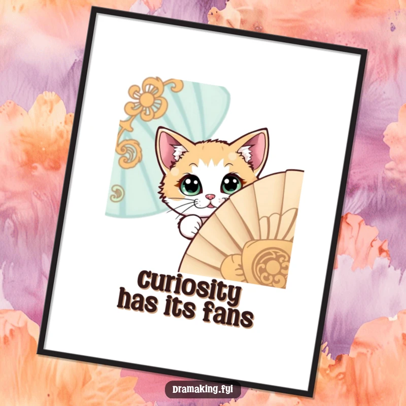 Funny Free Printable Wall Art: A wide-eyed, curious cat peeking with intense interest from behind a large, ornate fan, adding quirky charm.