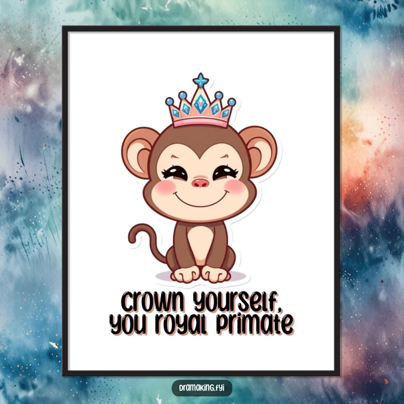 Funny free printable wall art: A mischievous monkey proudly balances a tiny, sparkly tiara on its head, radiating playful royalty.