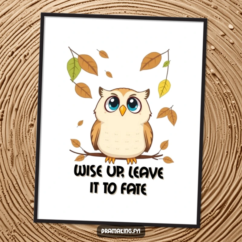 Funny Free Printable Wall Art: A wide-eyed owl startled by an abundance of oversized falling leaves, captured in a moment of delightful surprise.