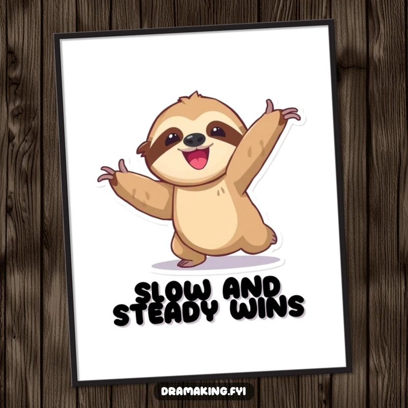 Funny free printable sloth wall art, a sloth slowly posing dramatically, embodying relaxed humor and chill vibes.