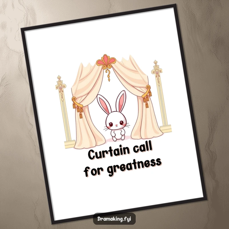Funny Free Printable Wall Art: A curious rabbit peeking from behind a large ornate curtain, anticipating a grand entrance.
