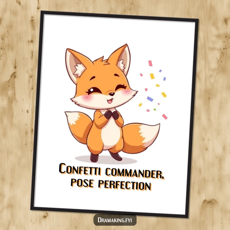 Funny Free Printable Wall Art: A cute fox dramatically throws confetti mid-pose, adding a festive and humorous vibe.
