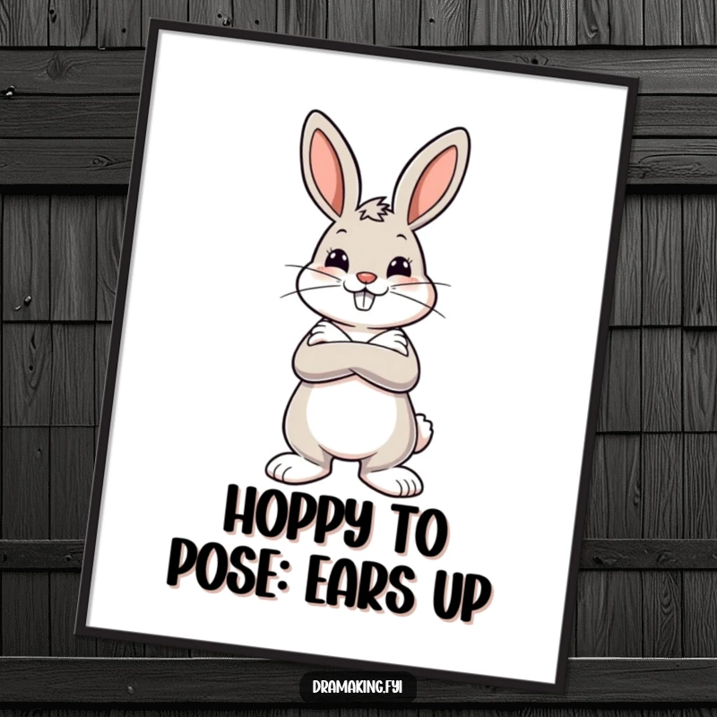 Funny Free Printable Wall Art: A cheerful bunny striking a confident and dramatic pose with arms crossed, full of personality.