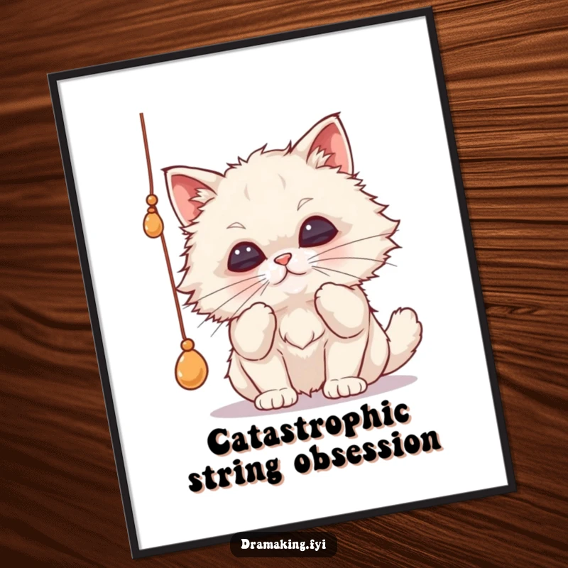 Funny Free Printable Wall Art depicting a cat in mid-bat at a dangling string, its lips pursed in comical, obsessive concentration.